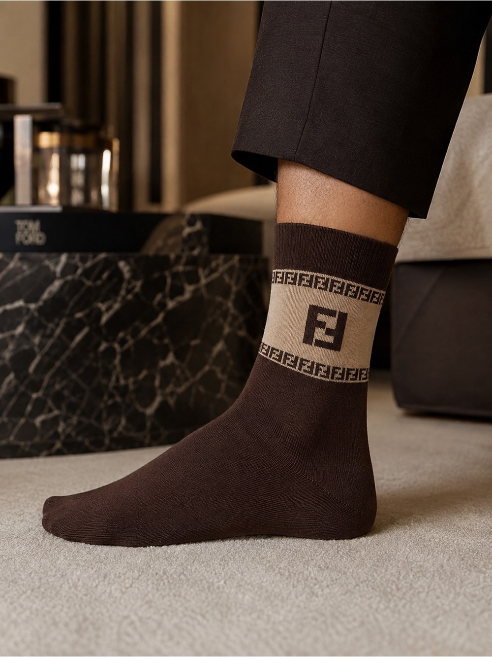 Fendi Men’s Chocolate Brown Socks with Beige Logo Band